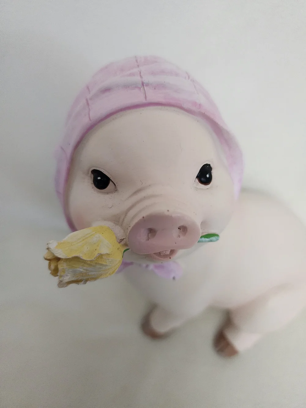 Pink Pig Figurine with Yellow Flower - Decorative Small Pet Statue